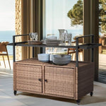 ZUN Outdoor Bar Cart Table, Large Wicker Island Rolling Cart, Wheeled Buffet Serving Cart with Glass Top 04069114