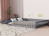 Queen Size Floor Bed with Fence,Door,Rubber Wood Floor Bed with Safety Guardrails,Grey W504P286386