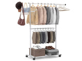Extendable Double Rod Metal Clothing Rack with Wheels, Adjustable Height Garment Rack 14665782