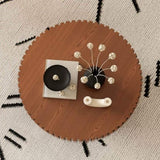 Round Coffee Table Handcrafted Relief Sturdy Pedestal Wooden Olive-Shaped Tea Table for Living Room W3081P255076