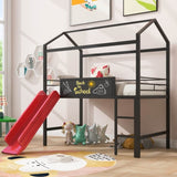 Metal House Bed With Slide, Twin Size Metal Loft Bed with Two-sided writable Wooden Board MF294384AAJ