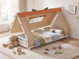 Twin Size Montessori House Floor Bed with Removable Canopy Tent, Solid Wood Kids Bed with Guardrails 81025719