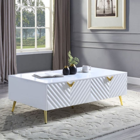 ZUN White High Gloss 2-Drawer Coffee Table with Support Leg B062P209083