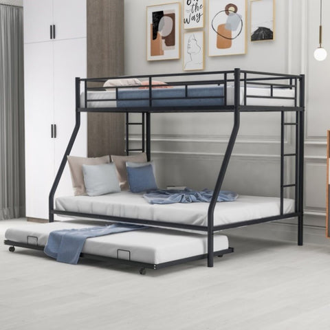 ZUN Twin over Full Bed with Sturdy Steel Frame, Bunk Bed with Twin Size Trundle, Two-Side Ladders, Black 04979237