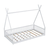 Twin Size Wood House Bed with Fence, White 28986741