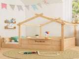 Full Size Floor Bed with Guardrails and Roof, Kids House Floor Bed with a Small Built-in Tray and W1580P396333