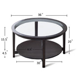 ZUN Round glass top solid wood storage coffee table, black W848120036