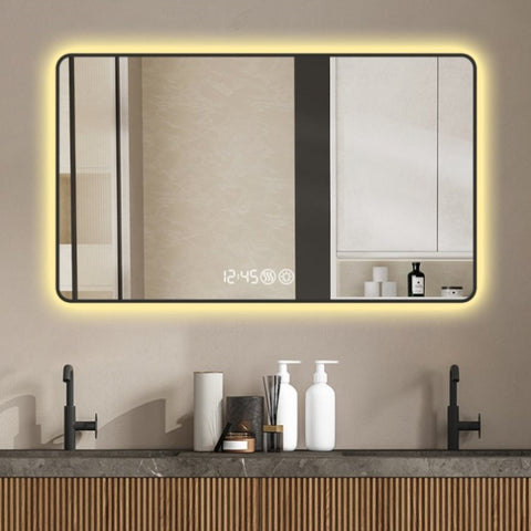 ZUN 48x32 Black frame wall mirror with rounded corners vanity mirror, temperature display, tri color W2709P242468