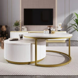 Modern Round Nesting Coffee Table Fluted with Drawer in White & Gold in 27.6" N735P254992K