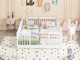 Double Twin Floor Bed with Fence, Guardrails, without door, White 37744042