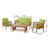 ZUN Outdoor Acacia Wood Sofa Set with Water Resistant Cushions, 4-Pcs Set, Brown Patina / Light Green 59116.00LGRN