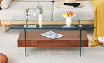 ZUN 43.3 Inch Modern Two-Tier Coffee Table - Clear Tempered Glass and Dark Wood Grain, Multifunctional W1151P232626