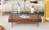 ZUN 43.3 Inch Modern Two-Tier Coffee Table - Clear Tempered Glass and Dark Wood Grain, Multifunctional W1151P232626