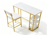 Bar Table and Stool Set 1 Table 2 Stools, White Marble Pattern MDF Tabletop & Gold Metal Frame, 19492848