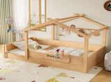 Twin Size Floor Bed with Guardrails and Roof, Kids House Floor Bed with a Small Built-in Tray and W1580P396331