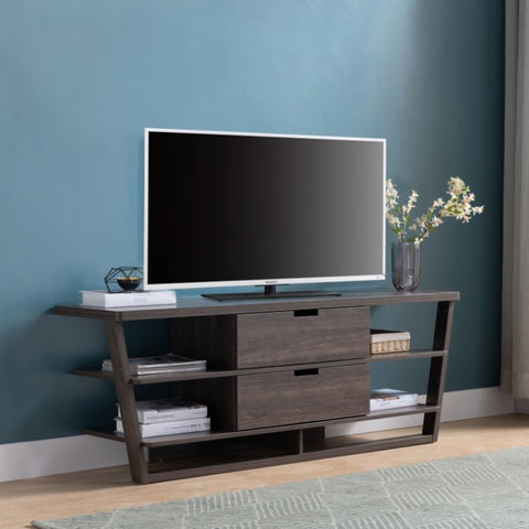 ZUN TV Stand with Four Open Shelves and Two Drawers with Cutout Handles - Dark Brown B107131399