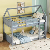 Twin Over Twin House Floor Bed with Headboards, Footboards and Guardrails, Ladder, Rubber Wood W504P227934