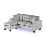 Sorenza 74"W Gray Velvet Reversible Sectional Sofa Chaise with LED Light, USB Port, Nailhead Trim, B061P284875