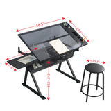 ZUN black adjustable tempered glass drafting printing table with chair 43921214
