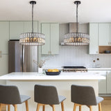Modern Crystal Drum Chandelier, 6-Light Pendant Lighting Fixture with Black Metal Frame for Living W1340P189445