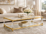 Modern Acrylic Leg Coffee Table, Double Layer Tempered Glass Top with Golden Metal Frame, W1727P194947