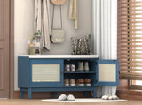 TREXM Boho Rattan Entryway Bench with Storage, Cushioned Shoe Bench with Double Doors, Wooden Shoe N715P308012M