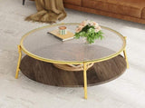 Modern Round Walnut 2-Tiered Coffee Table with Glass Top and Gold Base for Living Room, 29.9" N735P350390D