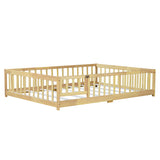 Full Size Floor Bed with Fence and Door,Rubber Wood Floor Bed with Safety Guardrails,Natural W504P296787