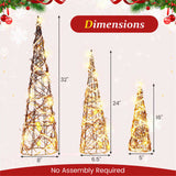 Set of 3 Pre-Lit Christmas Cone Trees - 60 Warm White LEDs, 32"/24"/16" Sizes, Brown Rattan 68689856
