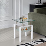White Tempered Clear Glass End Table, 2-Layers Small Table with Storage, Living Room Side Table W1718P177829