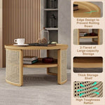 ZUN 2-Tiered Round Natural Wood Coffee Table with Storage Rattan Base in 31.3'' N735P185131N