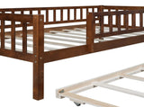Twin Size Wood Daybed with Trundle and Fence Guardrails, Walnut WF301862AAL