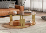 Modern Brown Glass Coffee Table, Asymmetrical Metal, Circular Metal Drum Base, Gold Finish & Lower N735P177478D