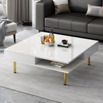 ZUN ON-TREND Exquisite High Gloss Coffee Table with 4 Golden Legs and 2 Small Drawers, 2-Tier Square WF315490AAK