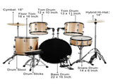 Full Size Adult Drum Set 5-Piece Champagne with Bass Drum, two Tom Drum, Snare Drum, Floor Tom, 16" 20420021