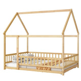Full Size House Floor Wooden Bed with Roof Frame, Safety Guardrails,Natural W504P286409