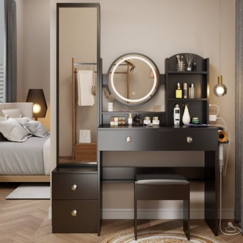 ZUN Full Body Mirror Cabinet + Round Mirror LED Vanity Table + Cushioned Stool, With 2 AC + 2 USB Power W936P160029