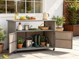 Outdoor Wicker Storage Cabinet, Solid Acacia Wood Patio Bar Cart with Lockable Universal Wheels, 70797821