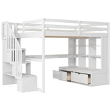 ZUN Full Size Loft Bed with Desk and Shelves, Two Built-in Drawers, Storage Staircase, White 35920794