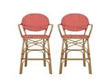 Outdoor Wicker and Aluminum 29.5" French Barstools, Set of 2, Red, Bamboo Print Finish 72605.00RD