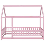 ZUN Twin Size Floor Wooden Bed with House Roof Frame, Fence Guardrails,Pink W504P174635