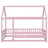 ZUN Twin Size Floor Wooden Bed with House Roof Frame, Fence Guardrails,Pink W504P174635