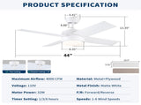 44" Ceiling Fan with Lights & Remote, Matte White Modern Fan, Reversible DC Motor, 6 Speeds, 3-Color W1367P447389