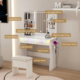 Vanity Desk with LED Lights Mirror & Power Outlet,Vanity Table Set with Storage Drawers & Chair, 3 W509P297013