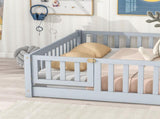 Full Size Floor Bed with Fence and Door,Rubber Wood Floor Bed with Safety Guardrails,Grey W504P296784