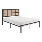 1pc Queen Platform Bed, Metal Frame Dark Bronze Finish Faux Cane Panel Headboard Casual Coastal B011P214030