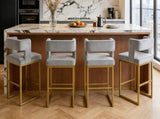 Modern grey velvet bar chair set - stable comfortable. Golden metal legs. Smooth design lines W1512P612601