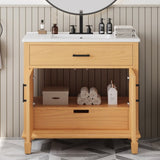 36" Rattan Bathroom Vanity with Ceramic Sink, Modern Bathroom Sink Cabinet with 2 Soft Close Doors N817P271077N