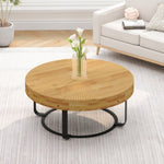 ZUN Modern Round Coffee Table Wooden Carving Pattern Coffee Table with Metal Legs for Living Room W757P186923