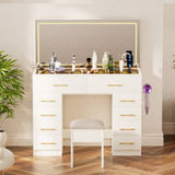 46"Glass Top Vanity Desk with 10 Drawers Makeup Vanity with Mirror and Stool,3 Lighting Modes W2887P311841